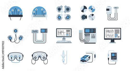 Collection of medical diagnostic equipment icons including EEG caps, brain sensors and oximeters, symbolizing professional neuro research and representing clinical health data analysis