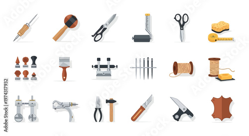 Collection of professional leathercraft tools including awl, mallet, scissors, needles and thread on white background, illustrating leather crafting workshops and covering DIY tutorials