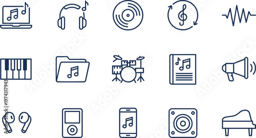 Music and Audio Equipment Line Icon Set Featuring Headphones, Piano Keys, Vinyl Record, Drums, Music Folder, Laptop Player, and Speakers