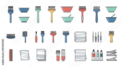 Large set of professional hair coloring tools including brushes, bowls, foil and tubes on white background, illustrating professional salon services, representing beauty care equipment