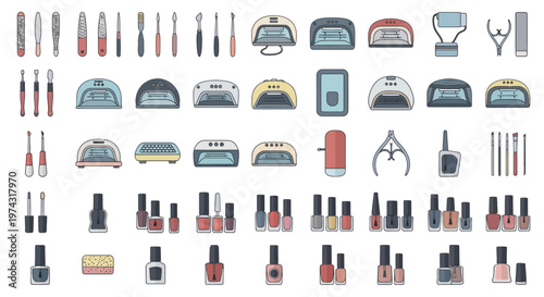 Large collection of professional manicure and pedicure tools and equipment icons in flat hand-drawn style, illustrating beauty salon services and representing professional nail care treatment