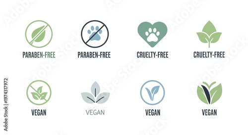 Collection of eco friendly cosmetic label icons for paraben free, cruelty free and vegan products, representing sustainable packaging, symbolizing organic skincare branding