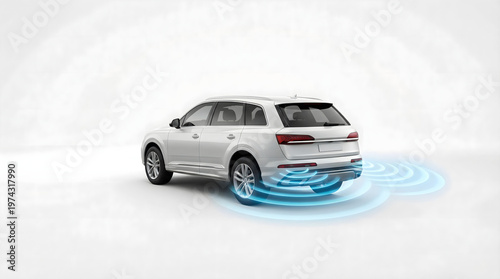 3D white SUV car with active rear corner radar sensors for blind spot monitoring and reverse parking assist