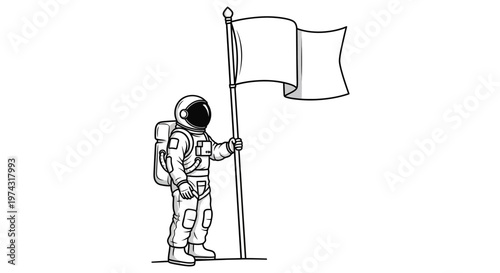 Astronaut standing with a flag in space.