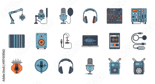 Comprehensive set of professional podcasting equipment icons featuring studio microphones, headphones and audio mixers, illustrating media production, provides radio broadcasting resources