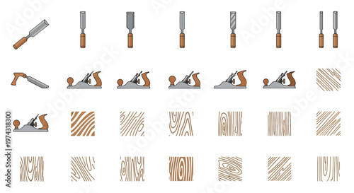 Woodworking hand tool icons set featuring chisels and hand planes with assorted wood grain textures on white, illustrating carpentry skill and representing professional joinery service