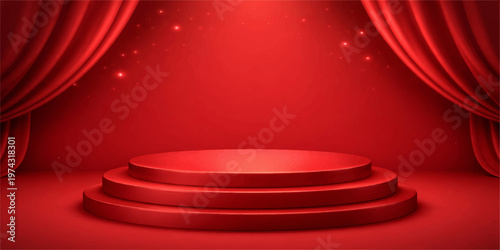 Red velvet theater stage with curtains and a glowing spotlight backdrop for a cinema performance illustration
