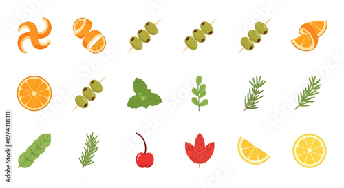 Collection of various cocktail garnishes featuring orange peels, olives on picks, mint leaves, rosemary sprigs and lemon slices, symbolizing mixology and illustrating beverage menu design