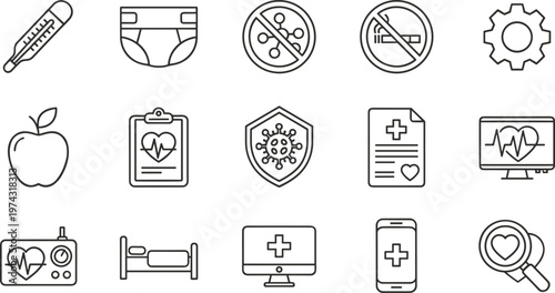 Medical and Healthcare Line Icon Set Featuring Thermometer, Heart Rate Monitor, Virus Protection, Hospital Bed, Medical Report, and Wellness Symbols