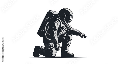 Black and white astronaut illustration pointing.