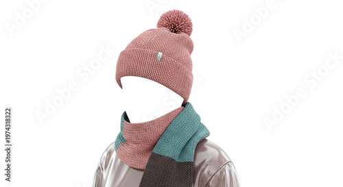 Pink Knit Pom Pom Beanie and Striped Scarf Set