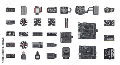 Set of professional computer hardware parts icons including motherboard gpu ram and cpu coolers, provides assets for tech blogs and illustrating custom pc building guide