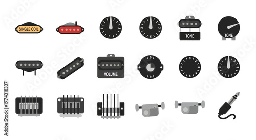 set of flat electric guitar hardware icons including pickups volume knobs tone controllers bridges and audio jack, illustrating musical instrument customization and studio equipment design