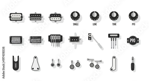 Collection of electric guitar hardware components including humbucker pickups and knobs on white background, Symbolizing musical instrument customization and illustrating luthiery equipment