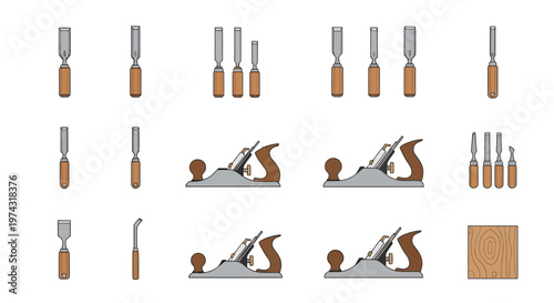 Illustration of various professional woodworking hand tools including chisels and manual wood planes set against a white background, represents carpentry equipment and manual craftsmanship