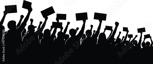 Protest crowd silhouettes holding banners and raising fists, activism demonstration concept, social movement unity rights illustration isolated on white background