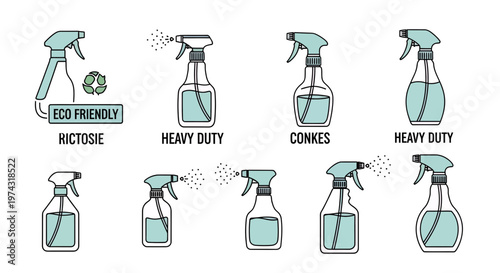 Collection of various spray bottle icons with eco friendly and heavy duty labels in flat line art style on white background, provides branding for cleaning, representing sanitation supplies