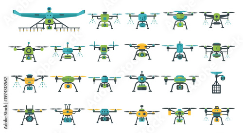 Large set of flat vector agricultural and surveillance drone icons featuring various specialized flight equipment, representing modern precision farming and provides smart aerial solutions