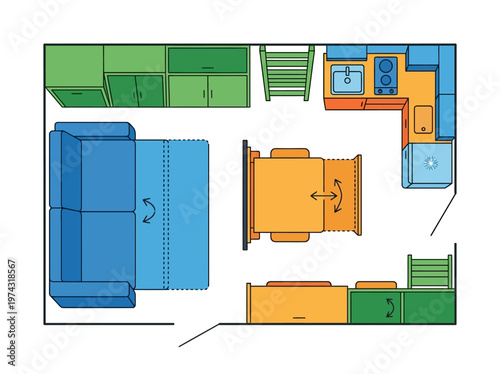 Detailed top-down illustration of a tiny house floor plan, highlighting innovative multifunctional furniture for compact living design.