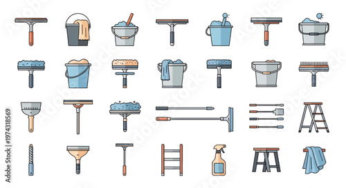 Professional window cleaning equipment icons set with squeegees, buckets, ladders and spray bottles, representing janitorial services and provides visuals for sanitary maintenance chores