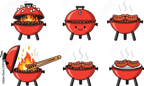 Red kettle grill vector set, cute barbecue icons with sausages and fire flames, cartoon BBQ charcoal grills for summer cookout party design