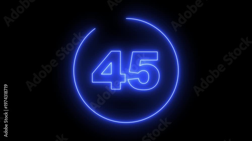 Neon Circle countdown timer animation from 50 to 0 second animation on black background with alpha channel, 50 seconds countdown timer. Neon bright glowing countdown timer from 50 to 0 seconds.