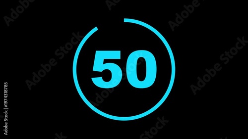 Circle countdown timer one minute animation from 55 to 0 second animation with alpha channel, 55 second countdown timer, Countdown video on black background.