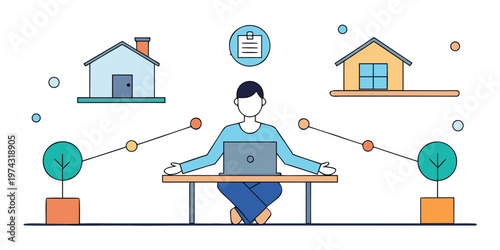 Remote and hybrid work adaptation. Employee balancing home and office symbols connected by smooth lines. Calm modern workplace scene showing
