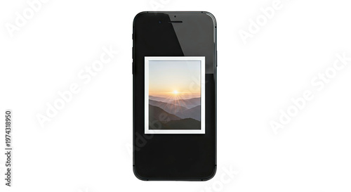 Smartphone displaying a scenic mountain sunrise photograph
