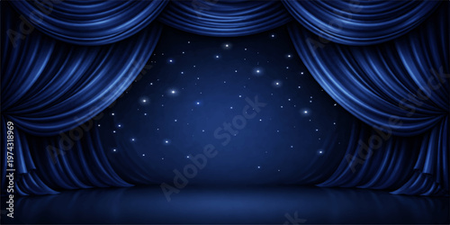 A dark blue velvet theater stage curtain texture features a bright spotlight beam shining on the elegant fabric drapes for a dramatic opera show backdrop