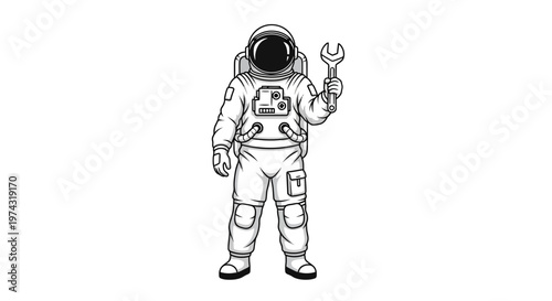 Astronaut in spacesuit holding wrench.
