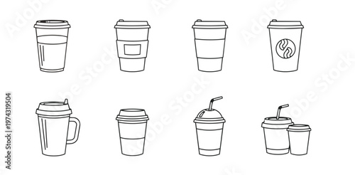 Line art icons of disposable coffee cups for cafe and drink shop branding.