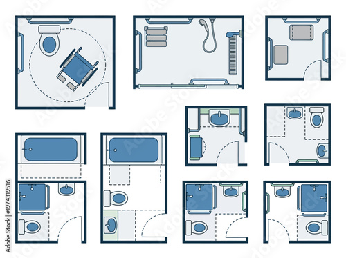 Top-down architectural floor plans illustrating various accessibility-compliant bathroom designs with universal features and safe modifications.