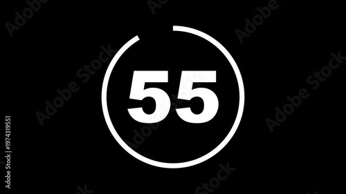 Circle countdown timer one minute animation from 60 to 0 second animation with alpha channel, 60 second countdown timer, Countdown video on black background. 60 seconds countdown timer animation.