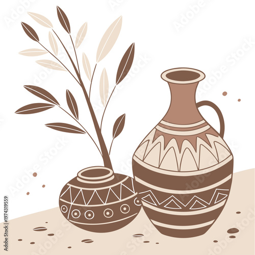 Stylized Pottery and Branch Still Life

