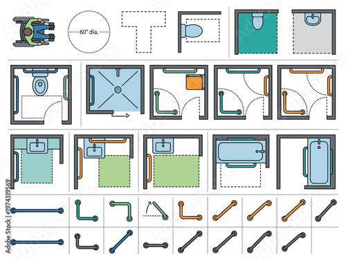 Top-down illustrations of accessibility-compliant bathroom layouts and grab bar configurations for universal design