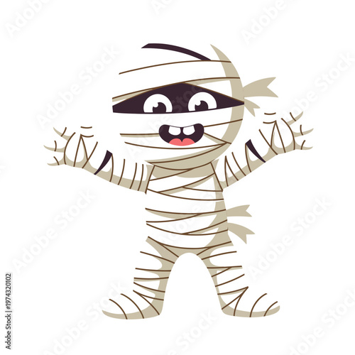 A cartoon mummy with a happy face and outstretched arms