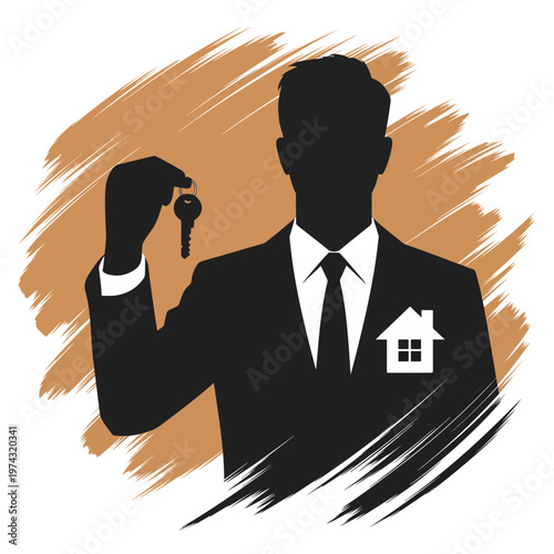 Real estate agent holding house key, symbolizing new home access. Professional real estate agent in suit and tie, house icon on chest, brushstroke background.