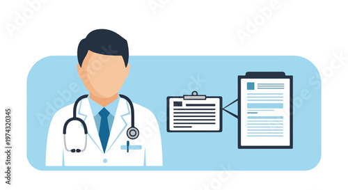 Illustration of a male doctor in a white coat with a stethoscope, standing next to medical clipboards on a light blue background.