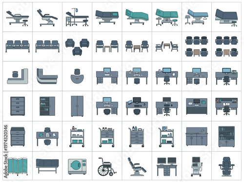 Comprehensive graphic collection of top-down furniture and equipment symbols for medical clinics and healthcare offices