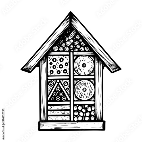 Homemade insect hotel illustration, showing wooden structure with compartments filled with materials.