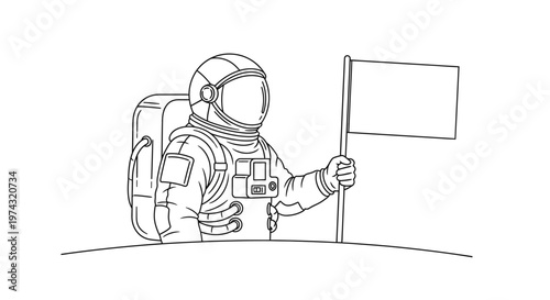 Astronaut holding a blank flag on moon.