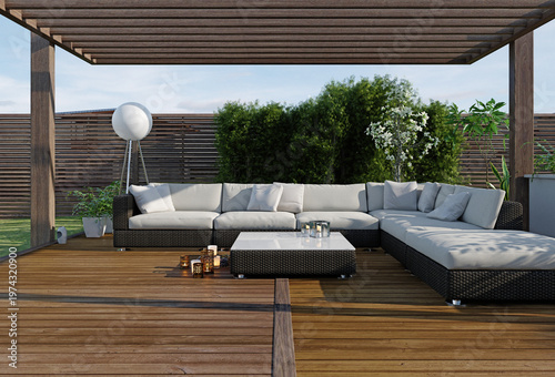 Outdoor lounge area on a wooden deck. 3D render of a wicker sectional sofa under a pergola