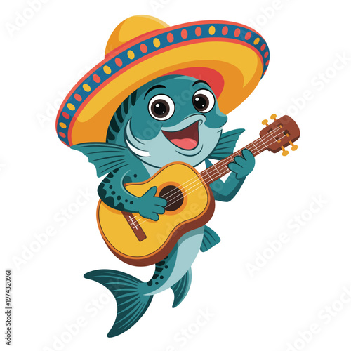 A cartoon fish wearing a sombrero and playing a guitar
