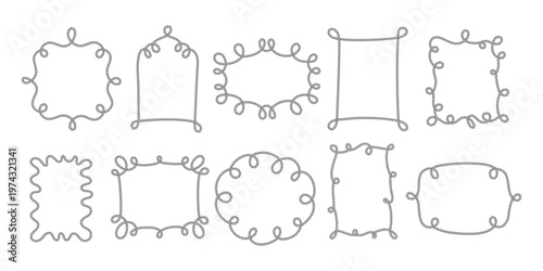 Whimsical rope frames with nautical knots and braided borders. Vector set of circular and rectangular sailor decorations for maritime design projects.