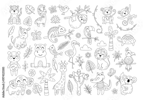 Jungle animals coloring page, Safari animals coloring book for kids and adults, Tropical plants outline, African nature doodle, Savanna graphics.
