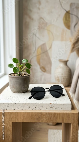 Plant and Sunglasses on Modern Terrazzo Table