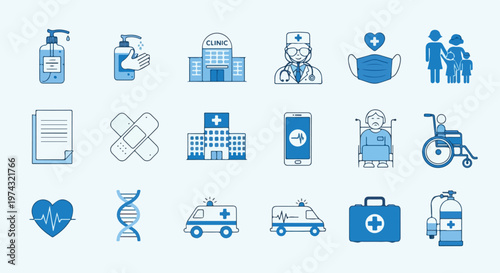 This collection of healthcare icons features various medical symbols like clinics, ambulances, and doctors, all rendered in shades of blue and white.