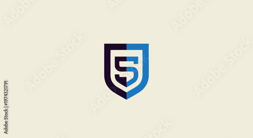 Elegant Blue Shield Logo with Number Five Symbol.