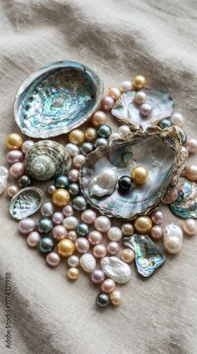 Natural Iridescent Pearls and Assorted Seashells